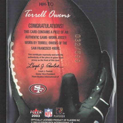 2003 Fleer Showcase Hot Hands Terrell Owens #HH-TO Game-Worn Jersey 032/599