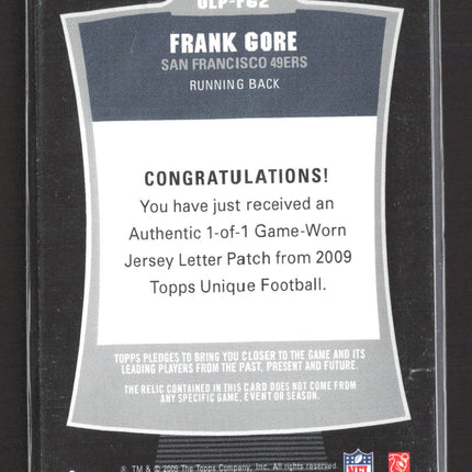 2009 Topps Unique Frank Gore #ULP-FG2 1/1 Game-Worn Jersey Letter Patch 1/1
