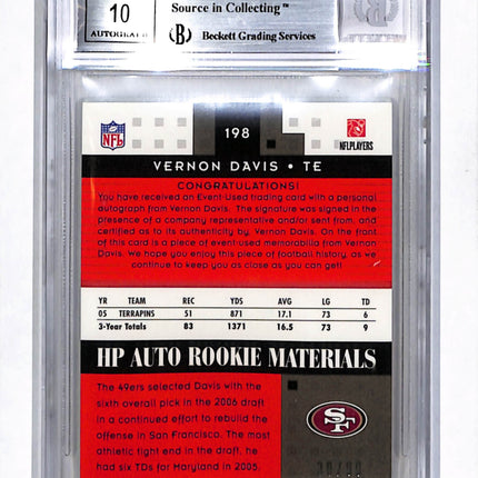 2006 Fleer Hot Prospects Red Hot Vernon Davis #198 Ball Relic Auto /99 BGS 9