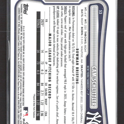 2026 Bowman Chrome Cam Schlittler #53 RC Red Logo