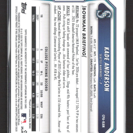2026 Bowman Chrome Kade Anderson #CPA-KAN Yellow Xfractor 15/75 Auto