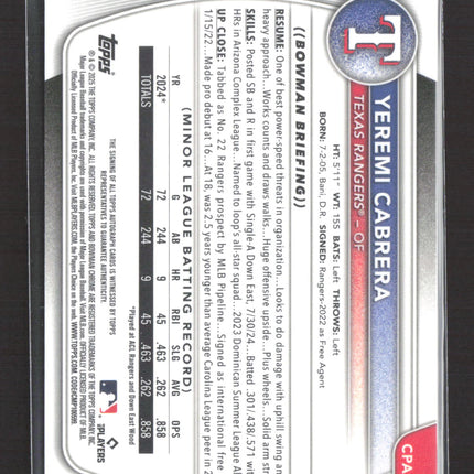2025 Bowman Chrome Yeremi Cabrera #CPA-YC Blue Refractor 052/150 Auto