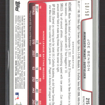 2012 Bowman Chrome Joe Benson #215 Gold Refractor 10/50 RC Auto