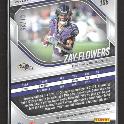 2025 Panini Prizm Football Zay Flowers #106 Blue Shimmer 01/25 Auto