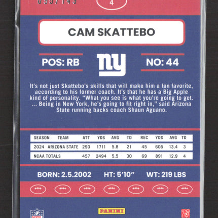 2025 Panini Donruss Optic Prizm Cam Skattebo #4 095/149 RC Pandora