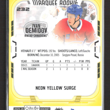 2026 O-Pee-Chee Platinum Marquee Rookie Ivan Demidov #232 Neon Yellow Surge