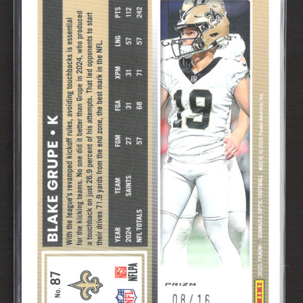 2025 Panini Donruss Optic Prizm Blake Grupe #87 08/16 Footballs