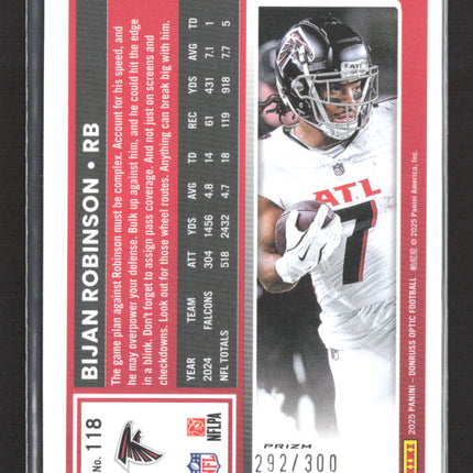 2025 Panini Donruss Optic Prizm Bijan Robinson #118 292/300 Silver Wave