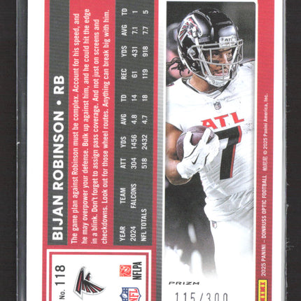 2025 Panini Donruss Optic Prizm Bijan Robinson #118 115/300 Silver Wave