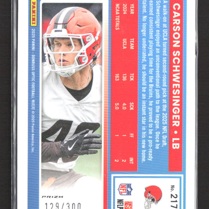 2025 Panini Donruss Optic Prizm Carson Schwesinger #217 129/300 Silver Wave