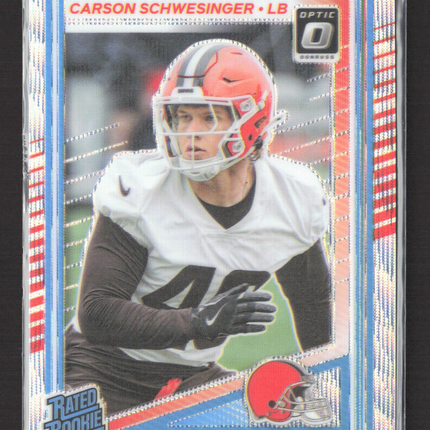 2025 Panini Donruss Optic Prizm Carson Schwesinger #217 036/300 Silver Wave