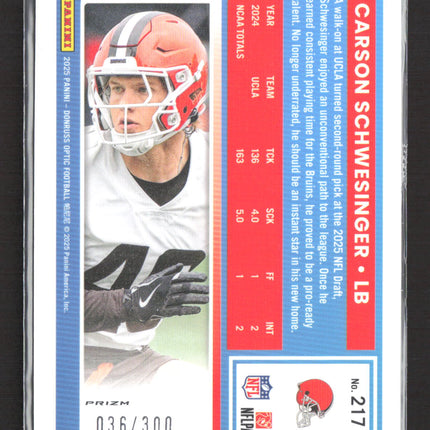 2025 Panini Donruss Optic Prizm Carson Schwesinger #217 036/300 Silver Wave