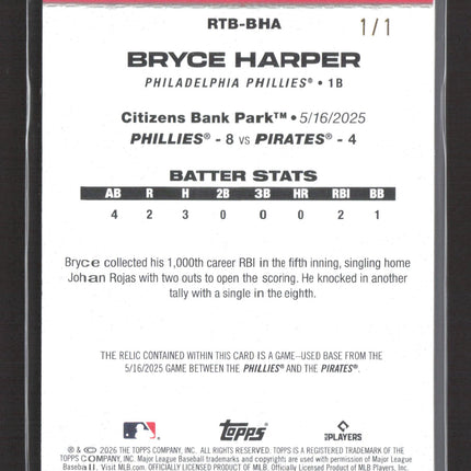 2026 Topps Around the Bases Bryce Harper #RTB-BHA Game-Used Base MLB Logo 1/1