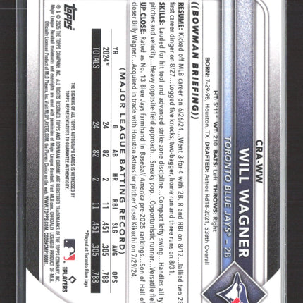 2025 Topps Bowman Chrome Will Wagner #CRA-WW Gold Refractor 30/50 RC Auto