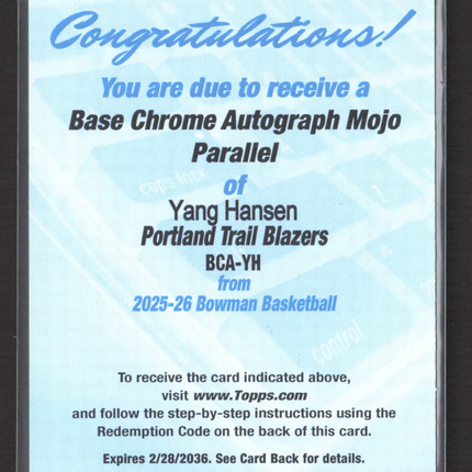2026 Bowman Basketball Yang Hansen #BCA-YH Mojo Redemption Card