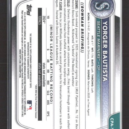 2025 Bowman Chrome Yorger Bautista #CPA-YB Bubble Gum 1/5 1st Bowman Auto