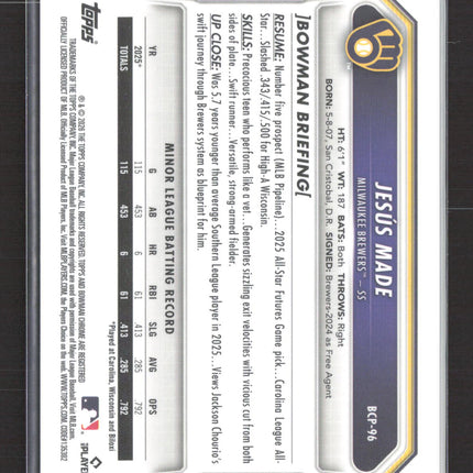 2026 Bowman Chrome Jesús Made #BCP-96 Black Checkerboard /10