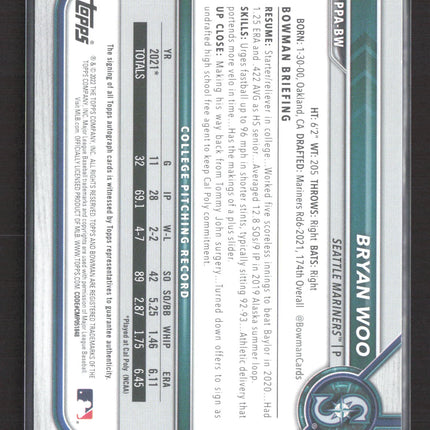 2022 Bowman Prospects Bryan Woo #PPA-BW Orange 20/25 1st Auto