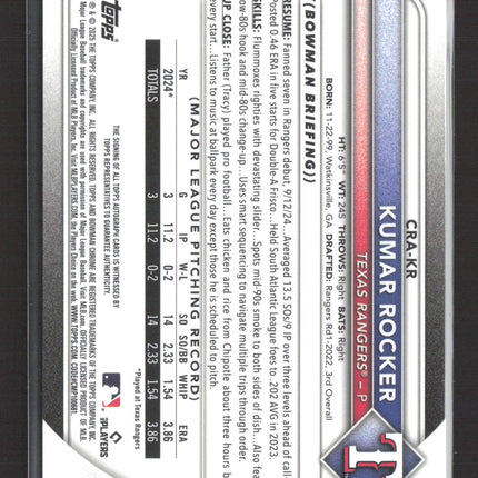 2025 Topps Bowman Chrome Kumar Rocker #CRA-KR Blue Refractor 146/150 RC Auto