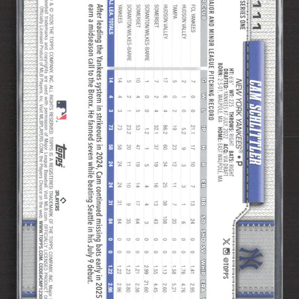 2026 Topps Series One Cam Schlittler #111 RC /