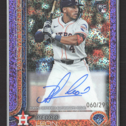 2025 Topps Chrome Pedro León #RA-PL Purple Speckle Refractor RC Auto /299