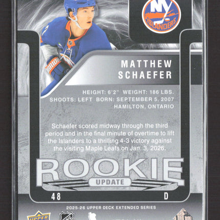 2026 Upper Deck Extended Series Rookie Update Matthew Schaefer #RU-22 /1999