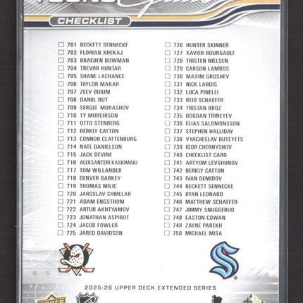2025 Upper Deck Extended Young Guns Berkly Catton Beckett Sennecke 740 Checklist