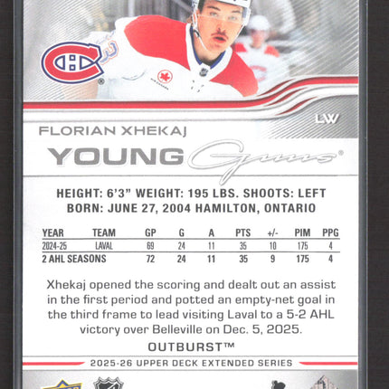 2026 Upper Deck Extended Series Young Guns Outburst Florian Xhekaj #702 Silver