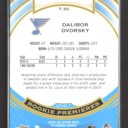 2026 Upper Deck Trilogy Rookie Premieres Dalibor Dvorsky #T-30 Level 1 Blue /999