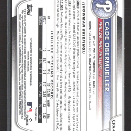 2025 Topps Bowman Chrome Cade Obermueller #CPA-CO Auto