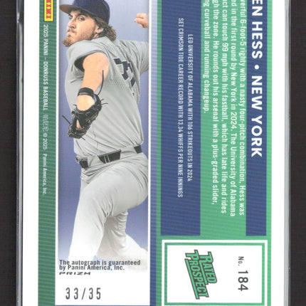 2025 Panini Donruss Optic Baseball Ben Hess #184 Blue Rated Prospect 33/35 Auto