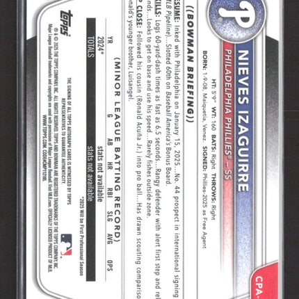 2025 Topps Bowman Chrome Nieves Izaguirre #CPA-NI 1st Bowman Auto