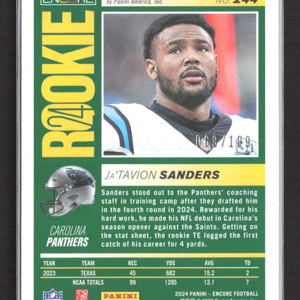 2025 Panini Encore Pinnacle Rookie Ja'Tavion Sanders #244 RC 068/199 Auto