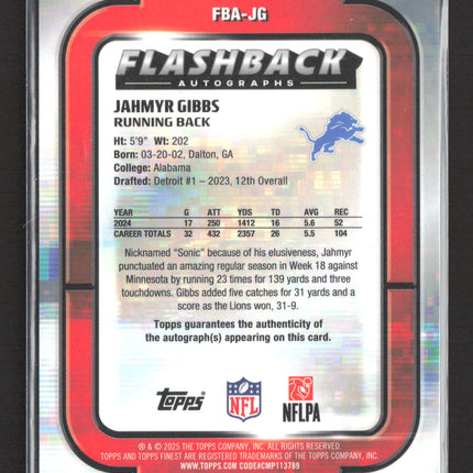 2025 Topps Finest Flashback Autographs Jahmyr Gibbs #FBA-JG 34/50 Gold Auto
