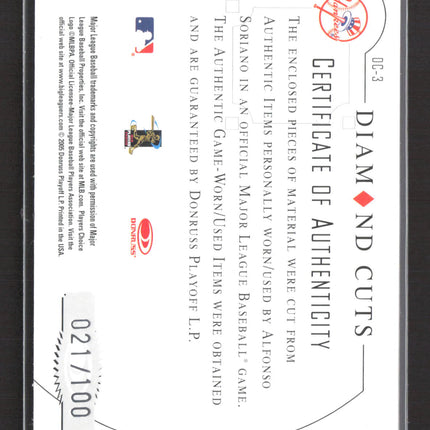 2005 Donruss Diamond Kings Cuts Alfonso Soriano Bat Relic Jersey Patch 021/100