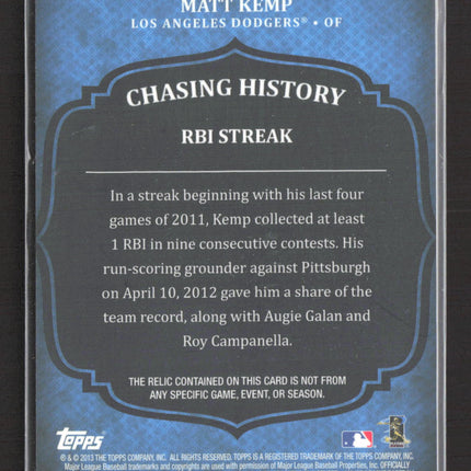 2013 Topps Chasing History Matt Kemp #CHR-MK Relic Game-Used Jersey