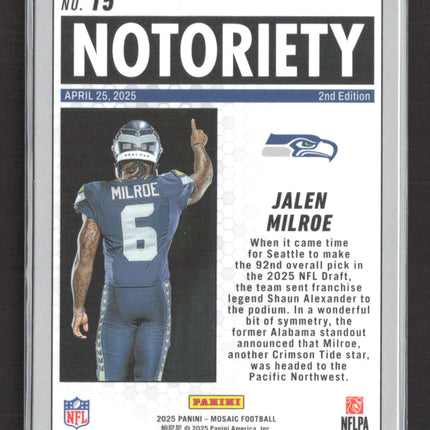 2025 Panini Mosaic Notoriety Jalen Milroe #15 Silver Prizm RC