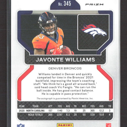 2021 Panini Prizm Javonte Williams #345 Disco RC Auto