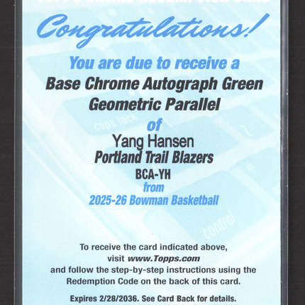 2026 Bowman Basketball Yang Hansen #BCA-YH Green Geometric Redemption Auto /99