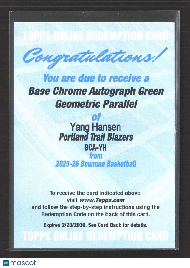 2026 Bowman Basketball Yang Hansen #BCA-YH Green Geometric Redemption Auto /99