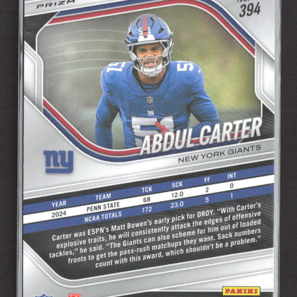 2025 Panini Prizm Abdul Carter #394 Black & White Checker RC