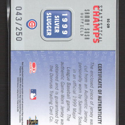 2001 Donruss Champions Statistical Champs Sammy Sosa #SC-29 Jersey Patch