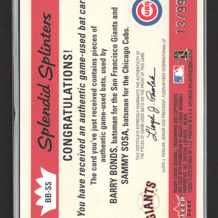 2003 Fleer Splendid Splinters Barry Bonds Sammy Sosa #BB-SS 13/99 Game-Used Bats