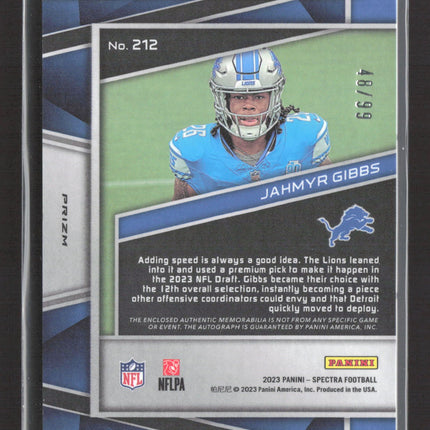 2023 Panini Spectra Prizm Jahmyr Gibbs #212 Patch 48/99 RC Auto