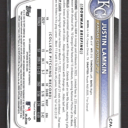 2025 Bowman Chrome Justin Lamkin #CPA-JLA Gold Wave Refractor 31/50 Auto