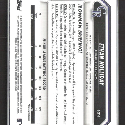 2026 Bowman Chrome Ethan Holliday #BCP-1 Lazer Refractor 1st Bowman