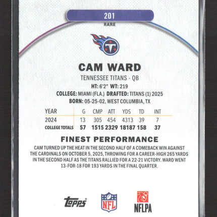 2025 Topps Finest Cam Ward #201 Blue RC 03/99