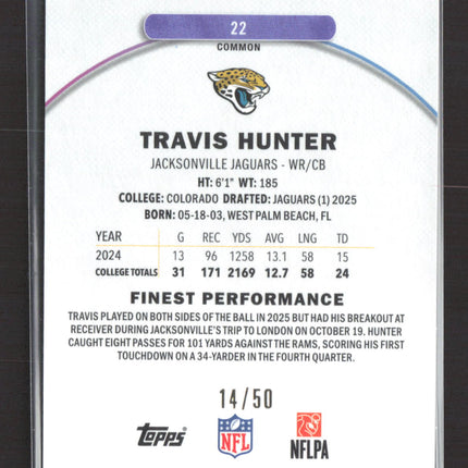 2025 Topps Finest Travis Hunter #22 RC 14/50 Gold W/coating