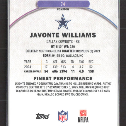 2025 Topps Finest Javonte Williams #74 Purple Refractor 123/250