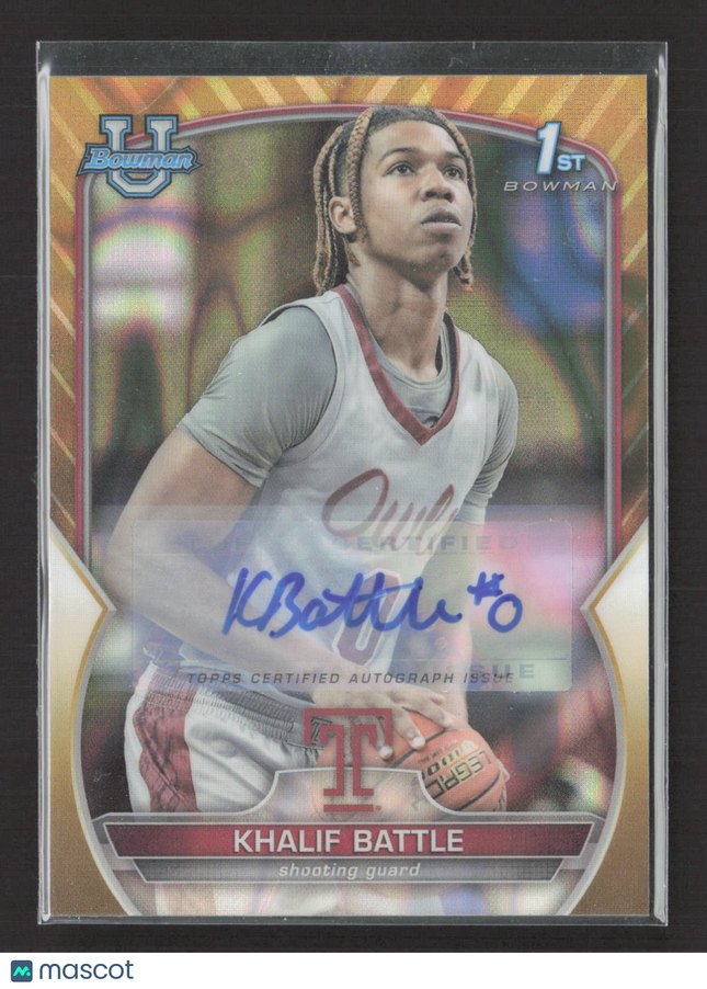 2021 Bowman University Chrome Khalif Battle #66 Gold Refractor 1st Auto /50